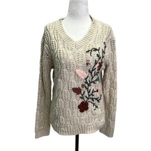 SMASH! Beige Cable Knit V-Neck Sweater Embroidered Flowers Small
